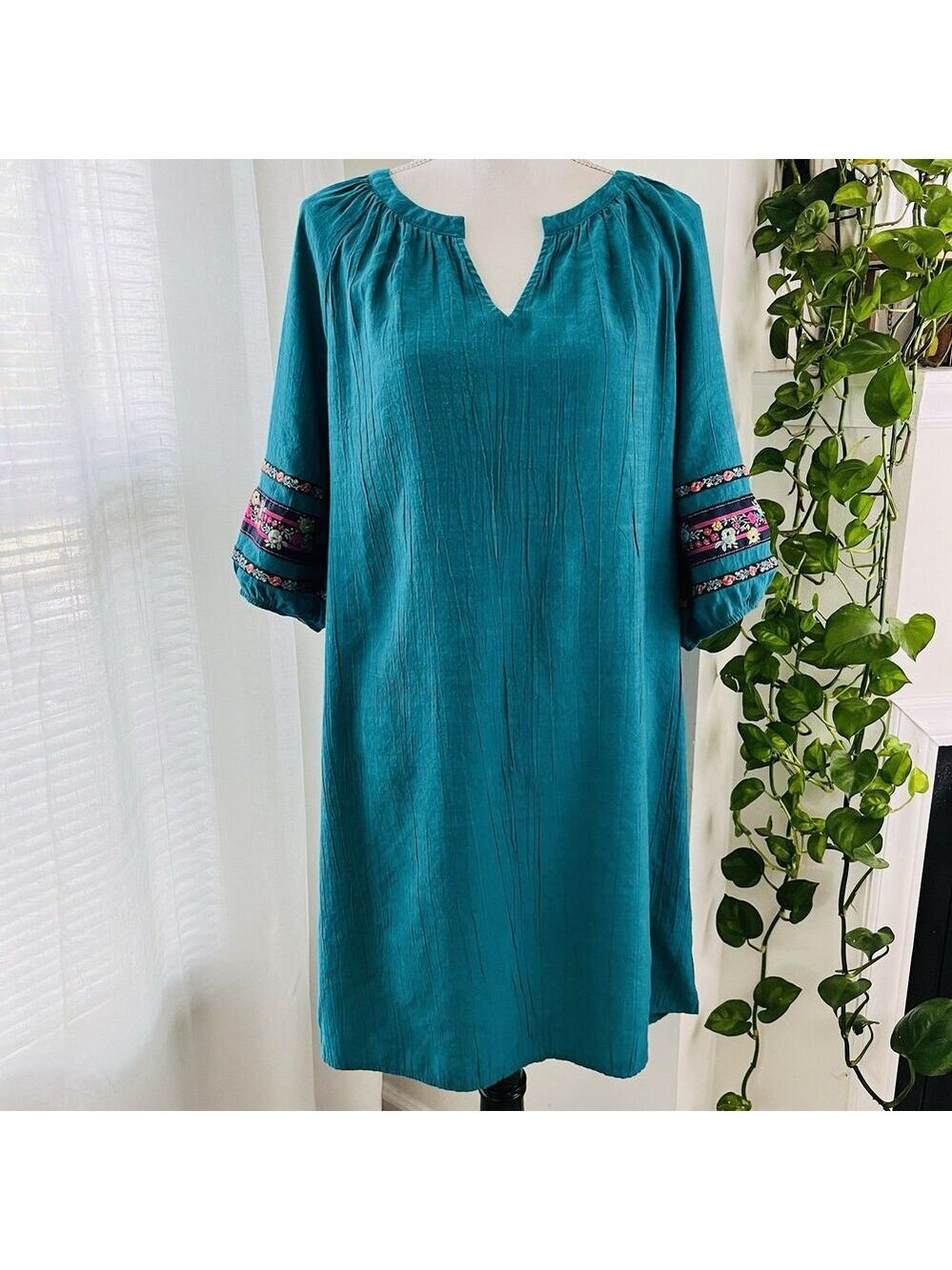 Pioneer Woman Teal Blue Embroidered Western Puff Sleeve Comfy Dress - Size Large